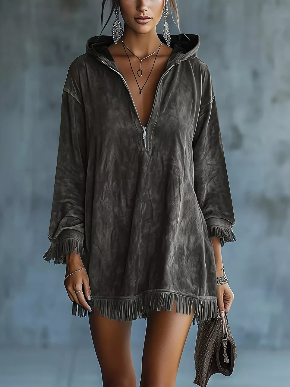 Full Size Hooded Fringed Half Zip Mini Dress Plus Size