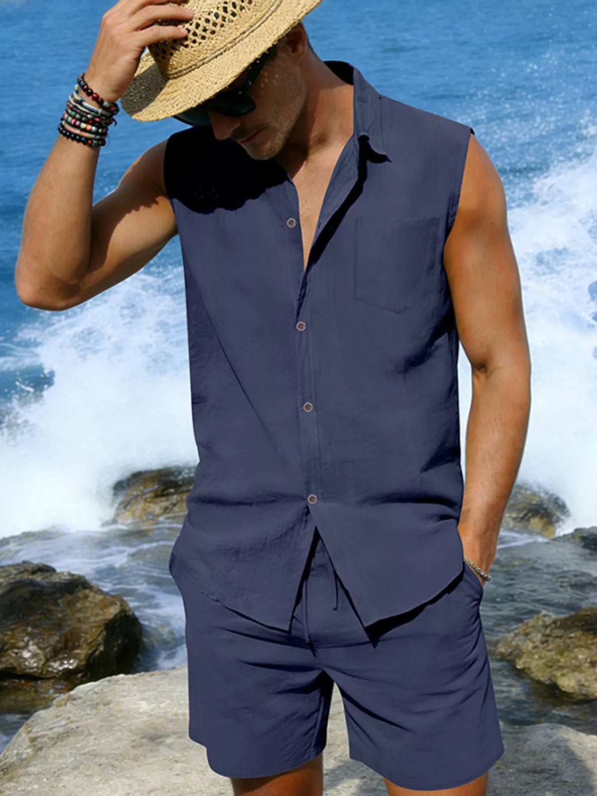 Men's Full Size Button Up Sleeveless Top and Shorts Plus Size - Lilixa.store