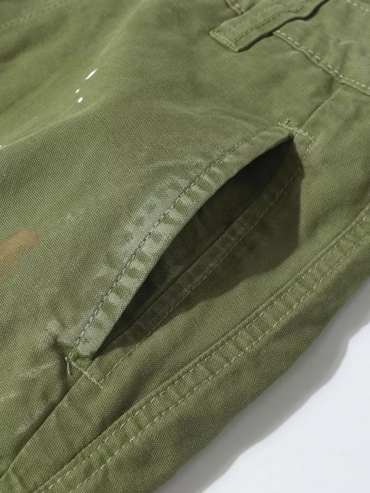 Men's Distressed Cargo Pants with Paint Splatter in Moss, view 8