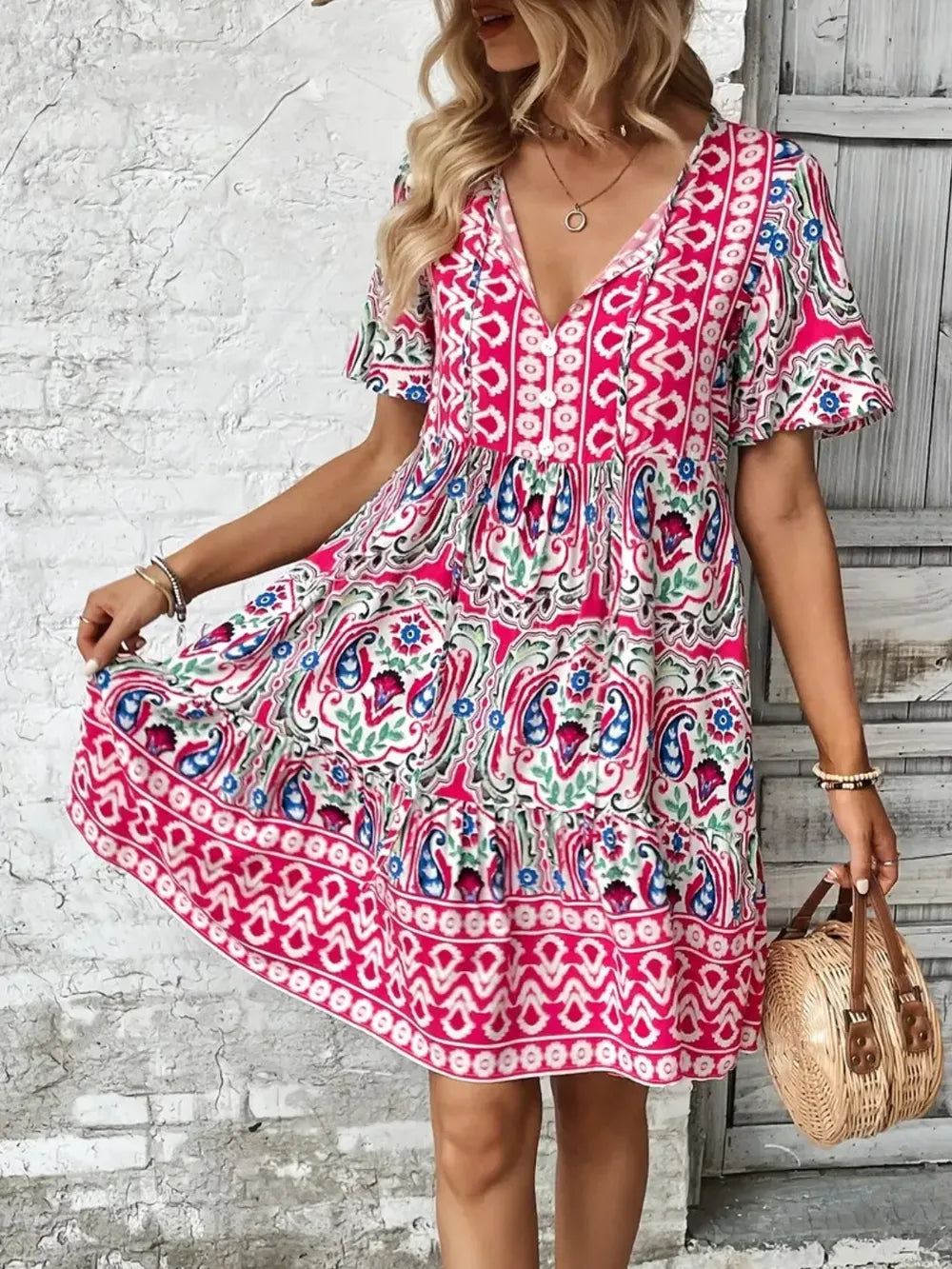 Printed Tie Neck Short Sleeve Dress - Lilixa.store