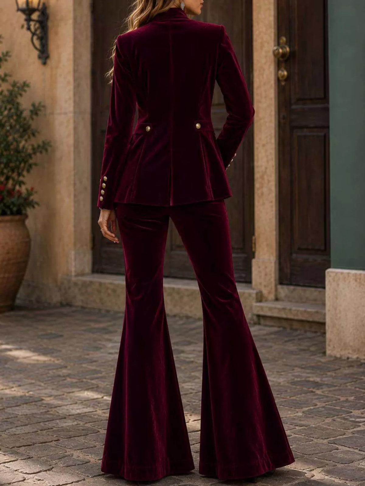 Velvet Double-Breasted Blazer and Flare Pants Set, view 4