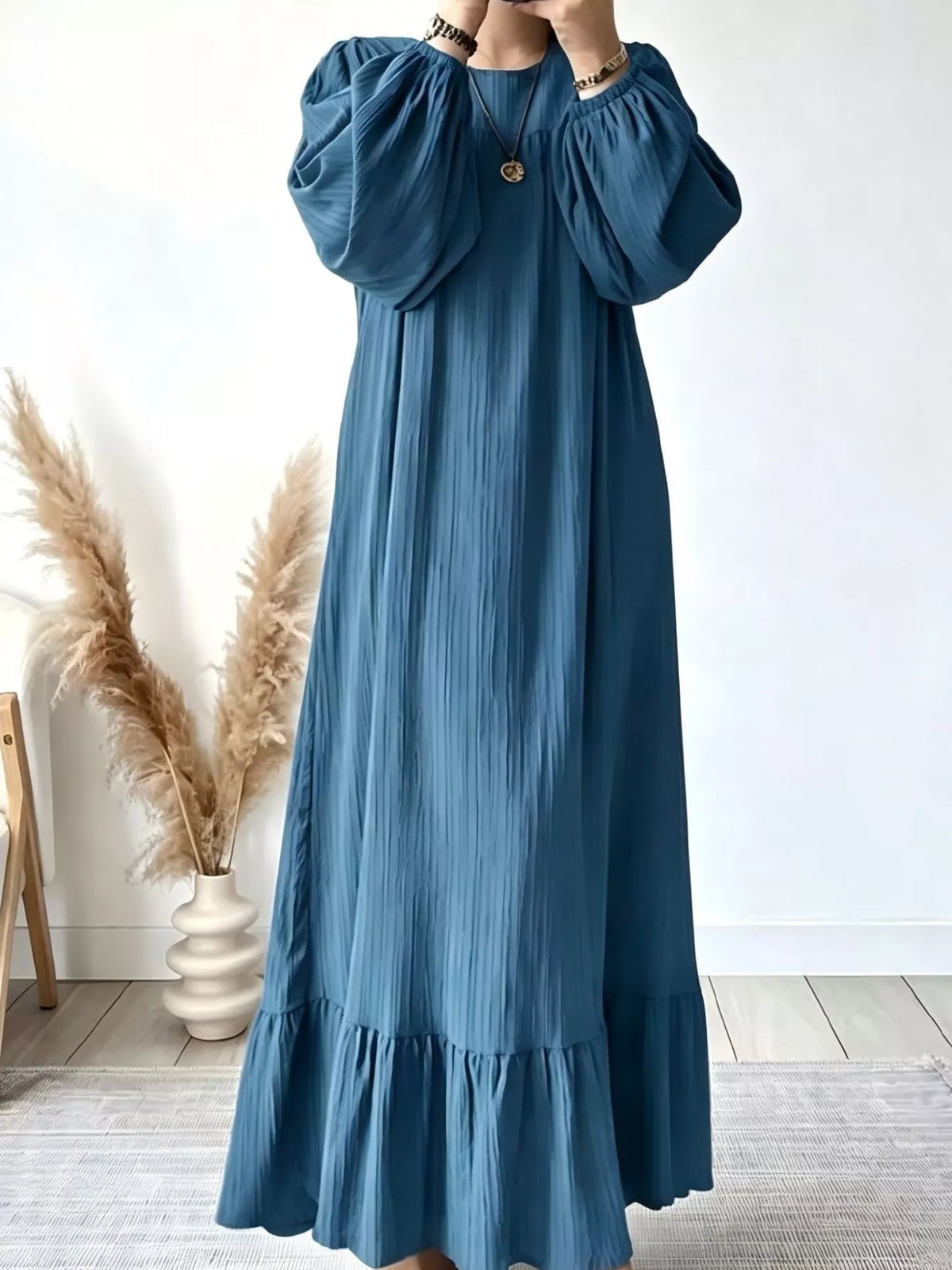 Full Size Textured Puff-Sleeve Maxi Dress Plus Size in Blue
