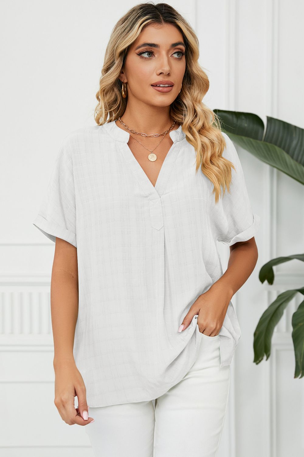 Side Slit Notched Neck Cuffed Short Sleeve Blouse - Lilixa.store