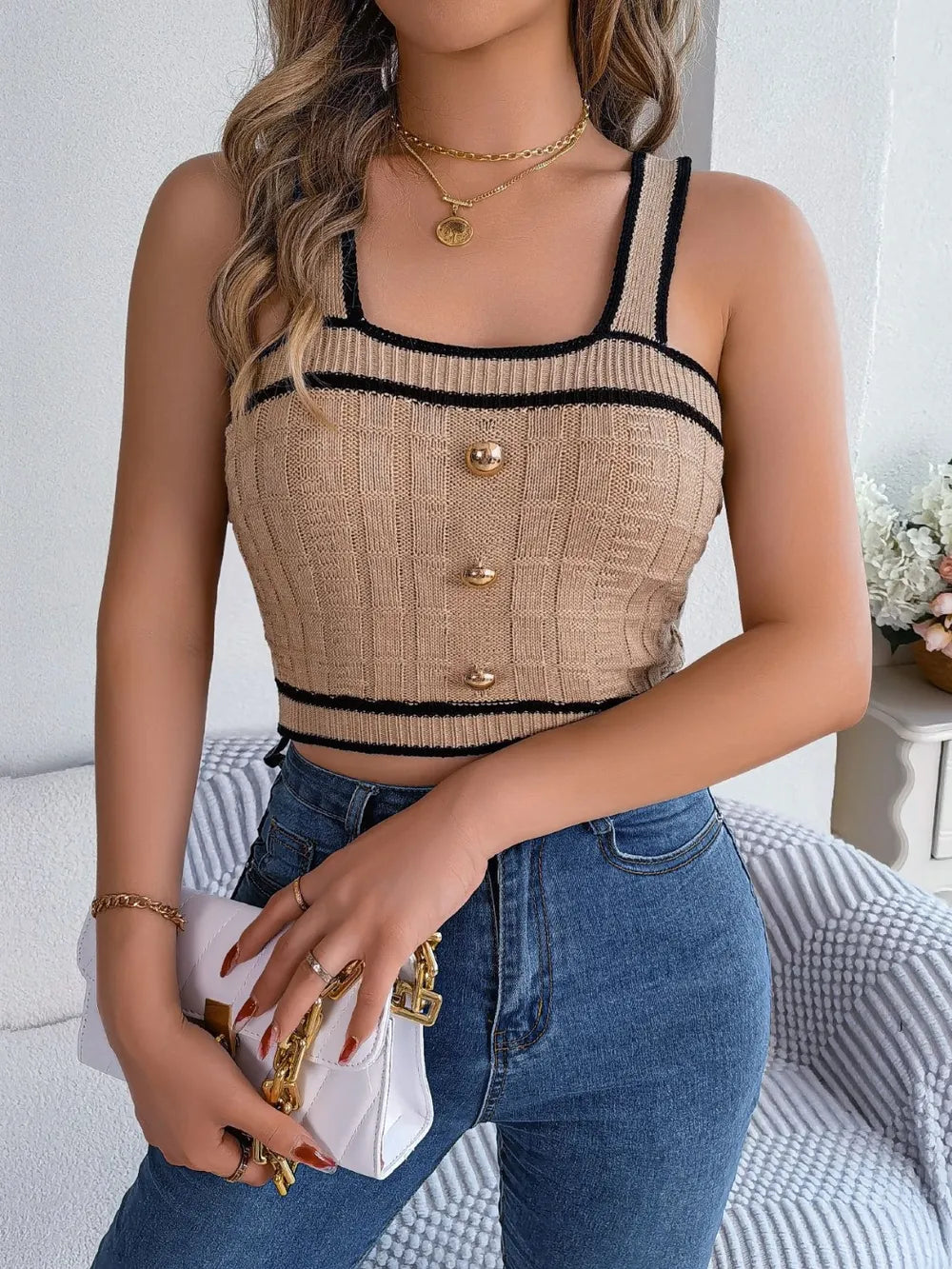 Decorative Button Wide Strap Knit Cami in Tan
