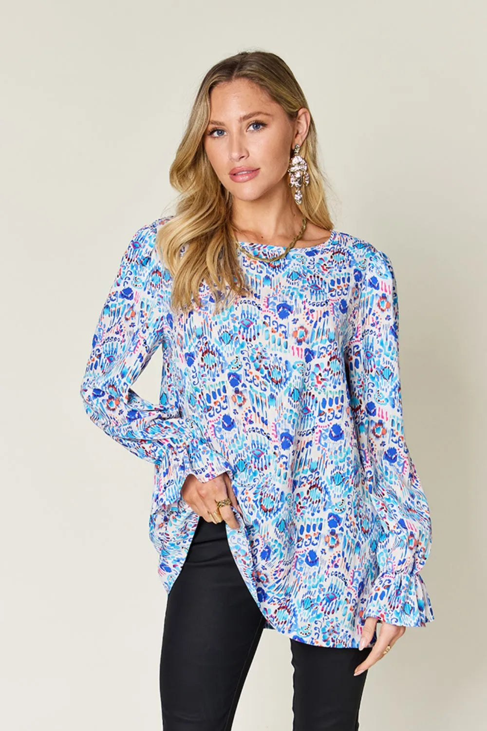 Double Take Full Size Printed Flounce Sleeve Blouse - Lilixa.store