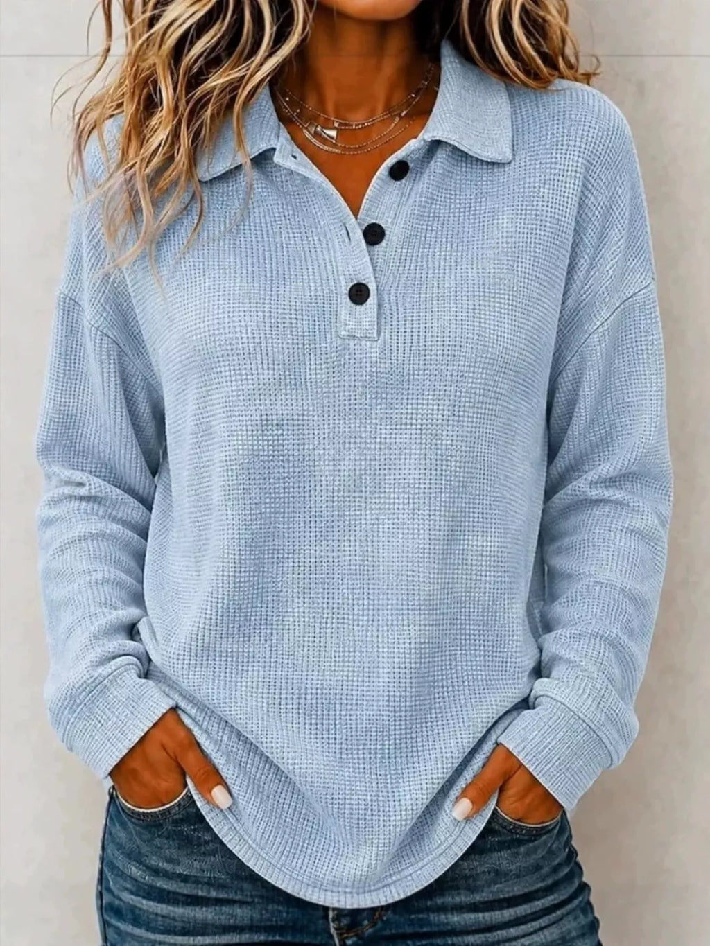Full Size Waffle Knit Dropped Shoulder Polo Top Plus Size - Lilixa.store