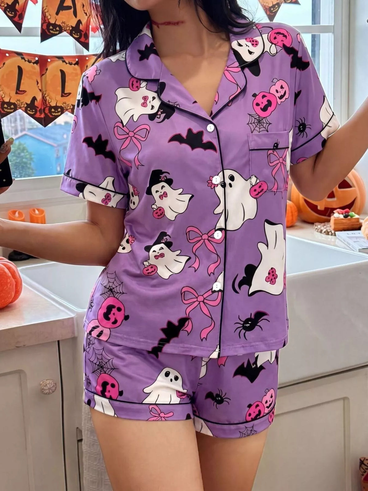Halloween Ghost Print Button-Down Top and Shorts Lounge Set - Lilixa.store
