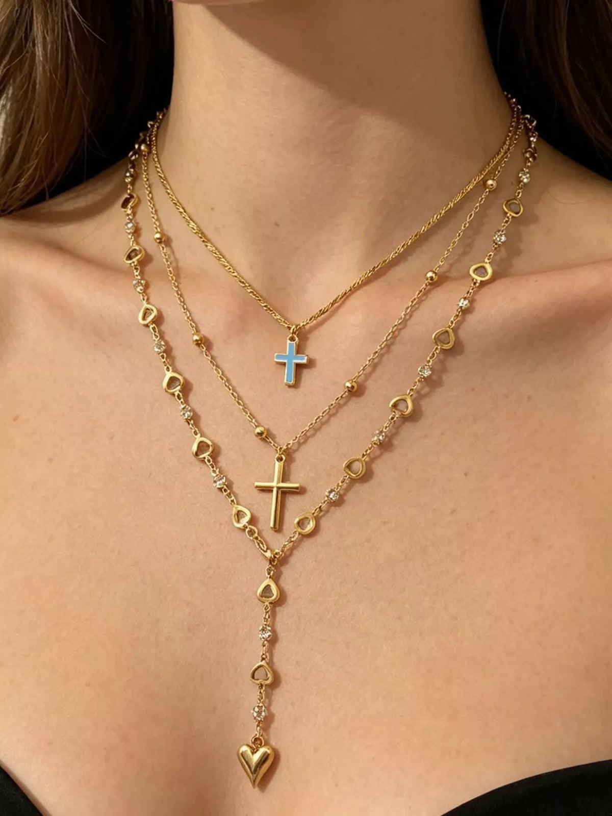 Layered Cross and Heart Necklace - Lilixa.store