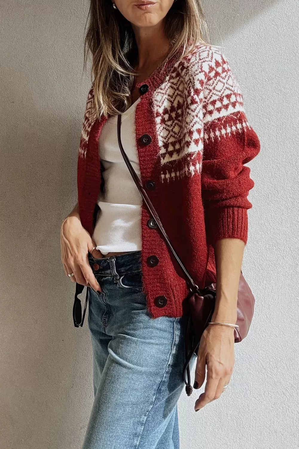 Geometric Print Button Front Long Sleeve Knitwear Cardigan - Lilixa.store
