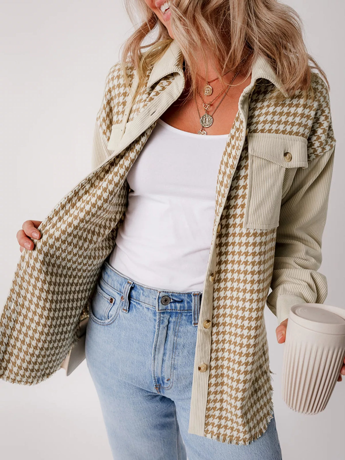 Houndstooth Button-Down Jacket in Beige, view 9