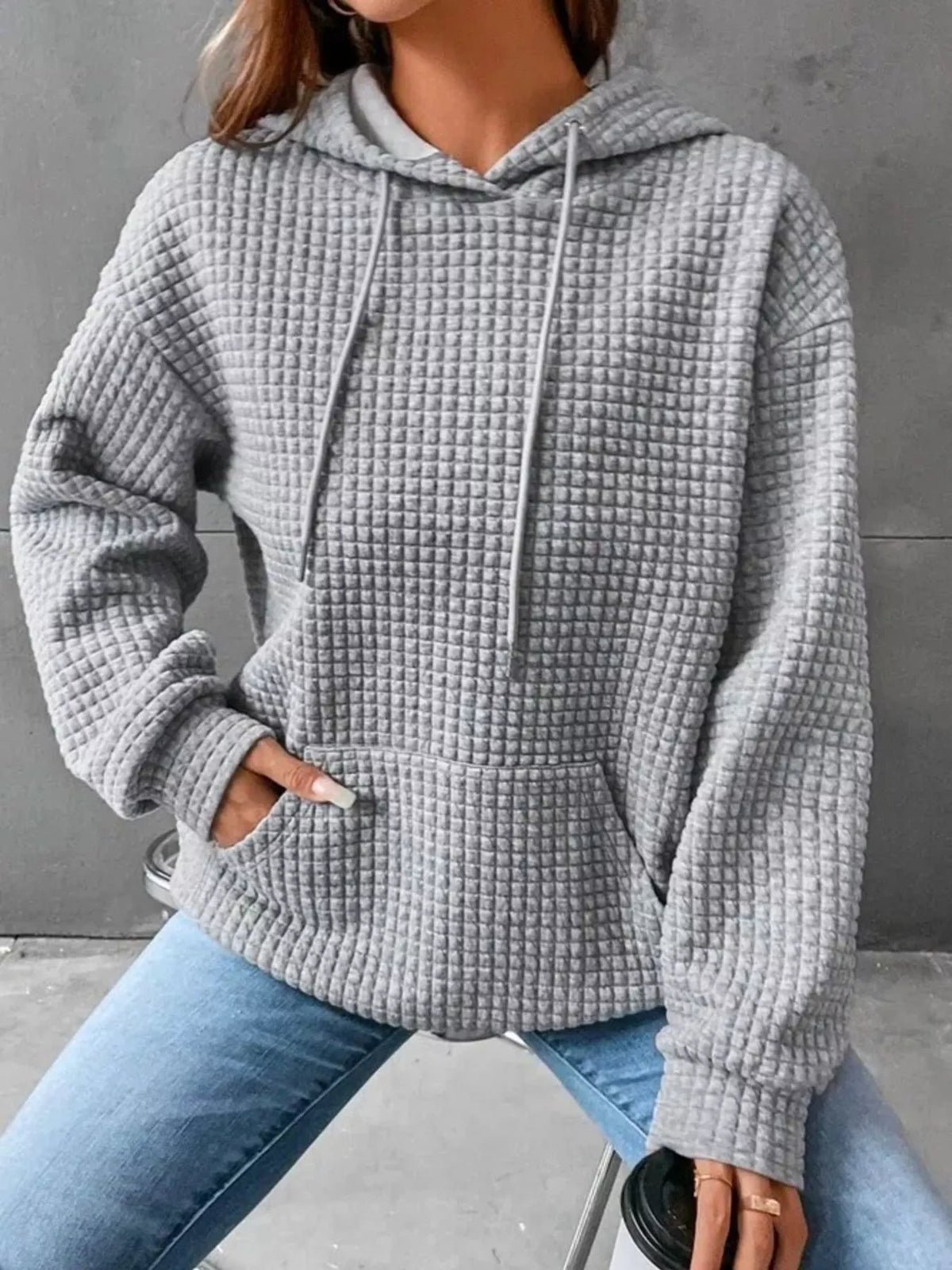 Full Size Textured Kangaroo Pocket Hoodie Plus Size - Lilixa.store