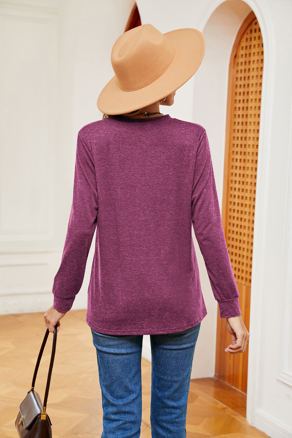 Buttoned Notched Neck Long Sleeve Top, view 15