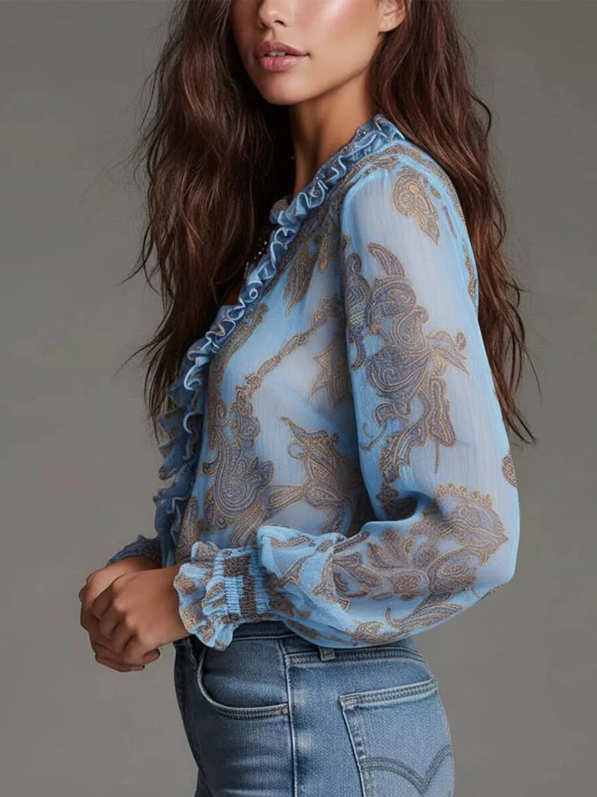 Full Size Paisley Print Ruffle Trim Zip-Front Blouse Plus Size, view 8