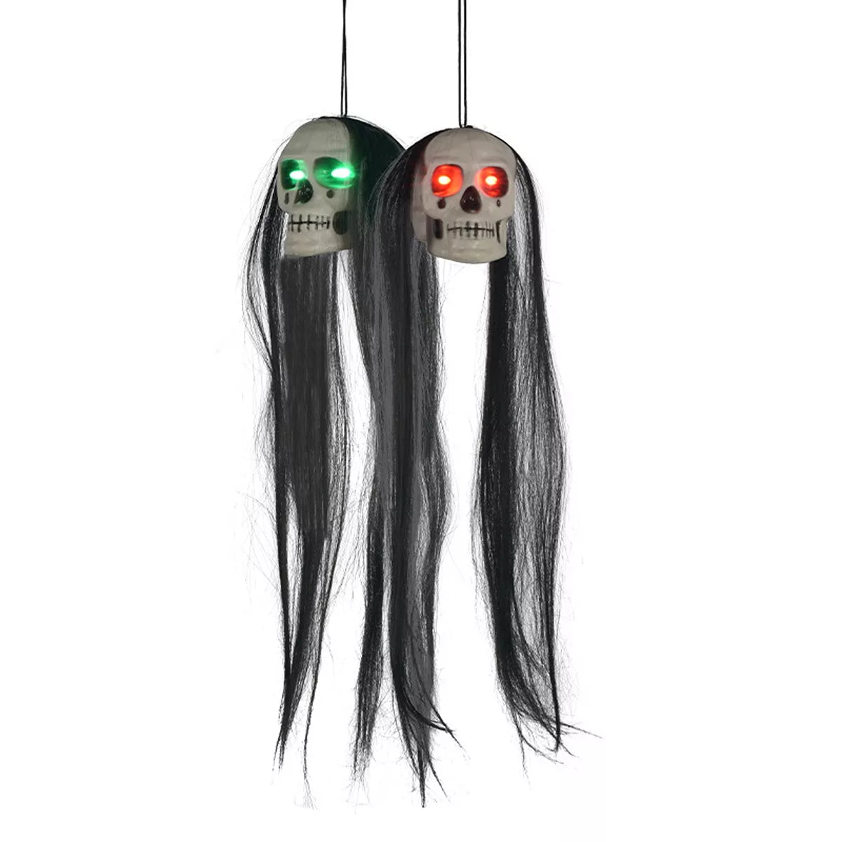 Halloween Hanging Dual-Skull with Glowing Eyes and Long Hair - Lilixa.store