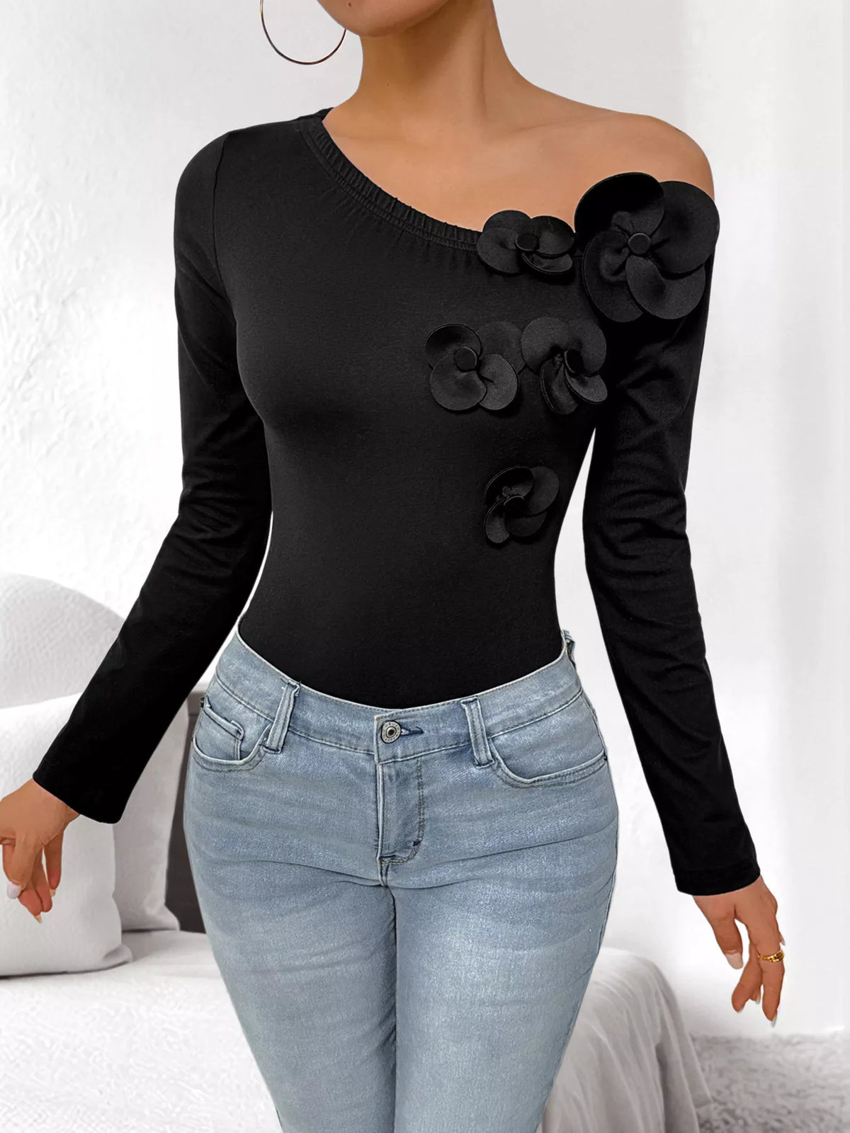 Flower One Shoulder Long Sleeve Bodysuit - Lilixa.store