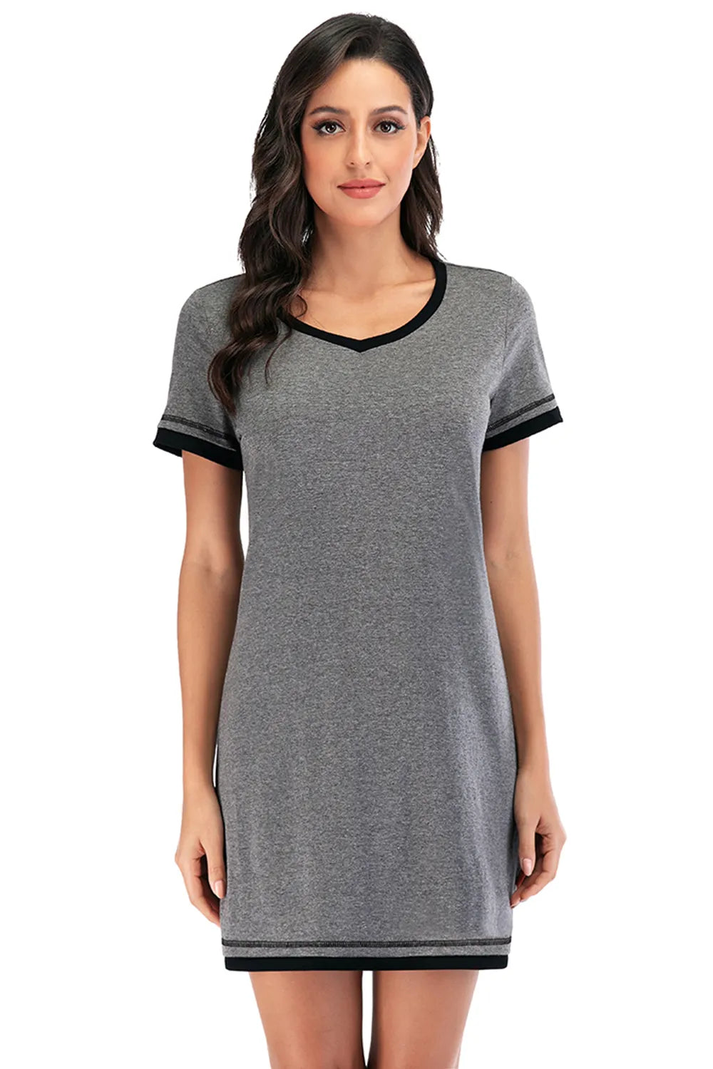 Contrast Trim Short Sleeve Lounge Dress - Lilixa.store