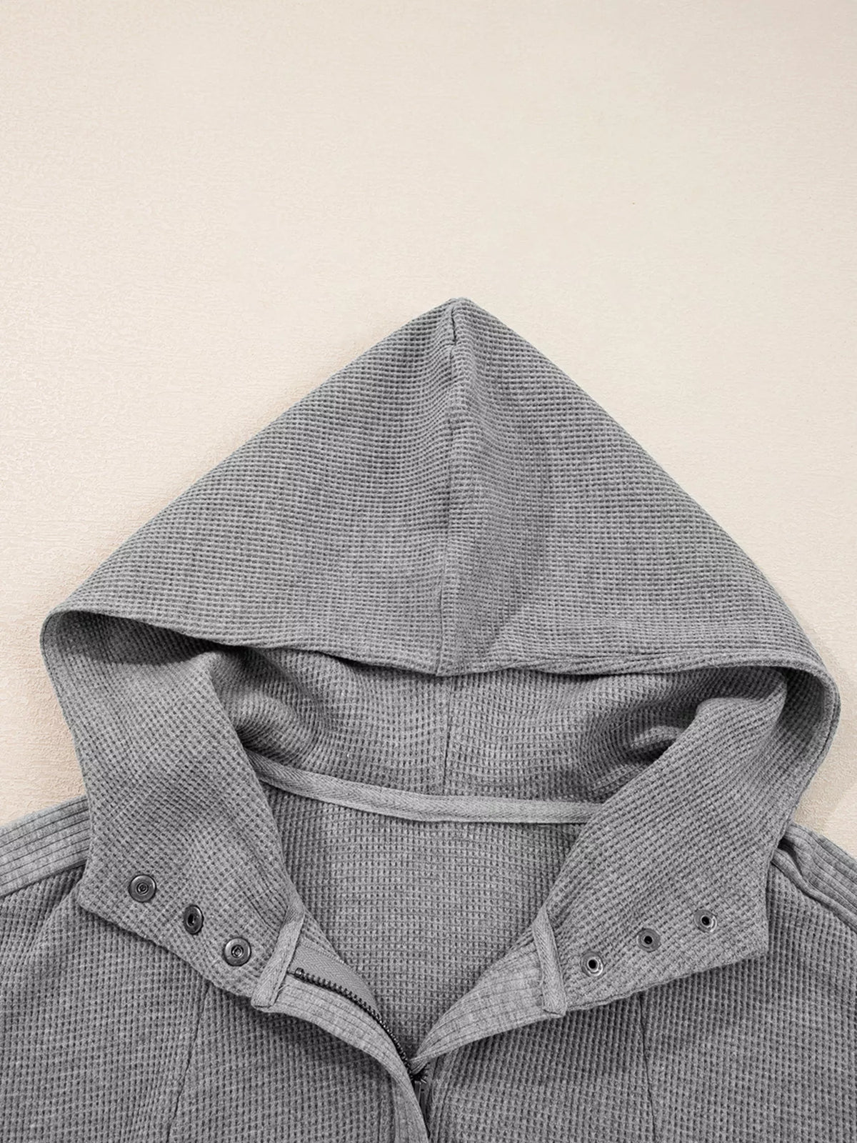 Waffle Splicing Zip Up Front Button Hooded Jacket in Gray, view 7