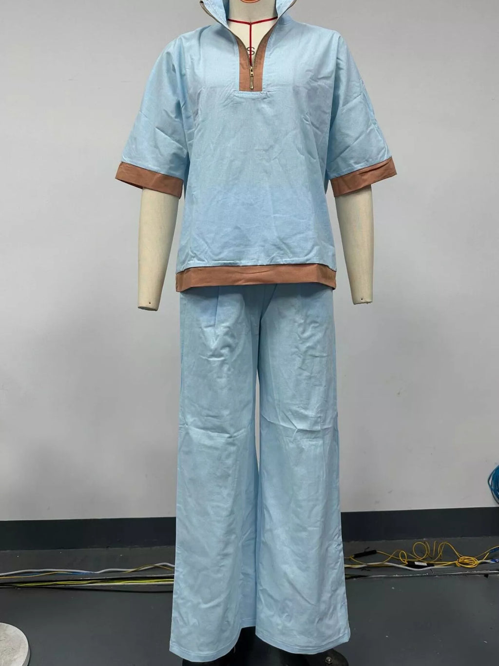 Full Size Contrast Trim Top and Wide Leg Pants Set Plus Size - Lilixa.store