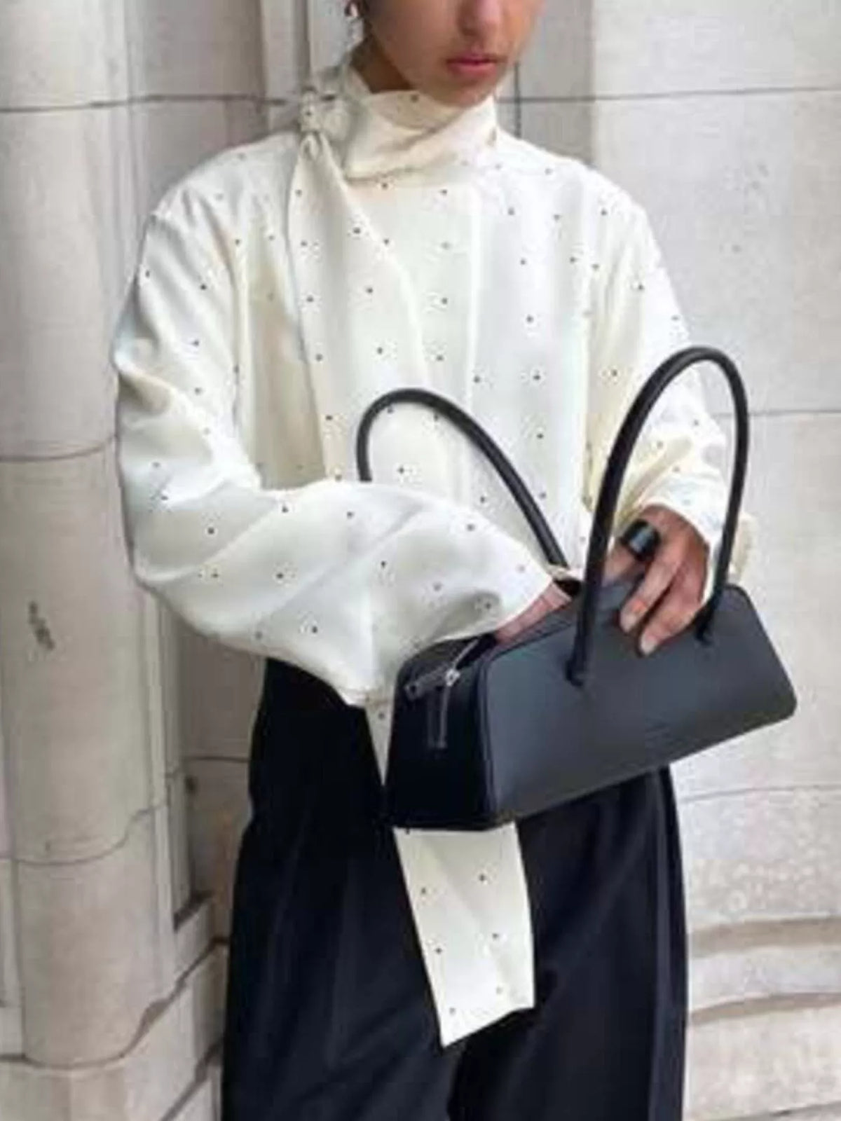 Polka Dot Silk Blouse with Scarf Neck Tie in White, view 5