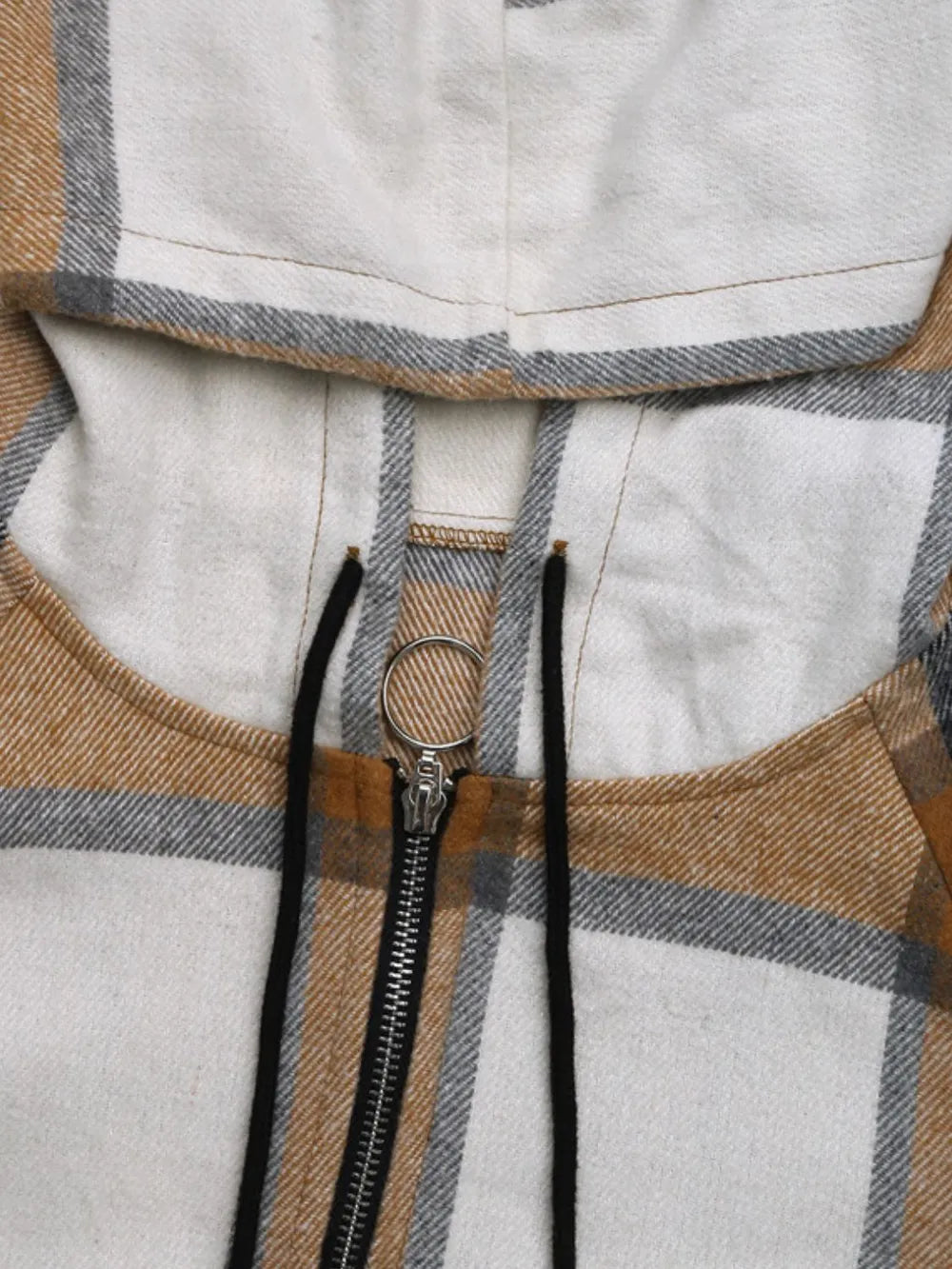 Drawstring Plaid Zip Up Long Sleeve Hooded Outerwear - Lilixa.store