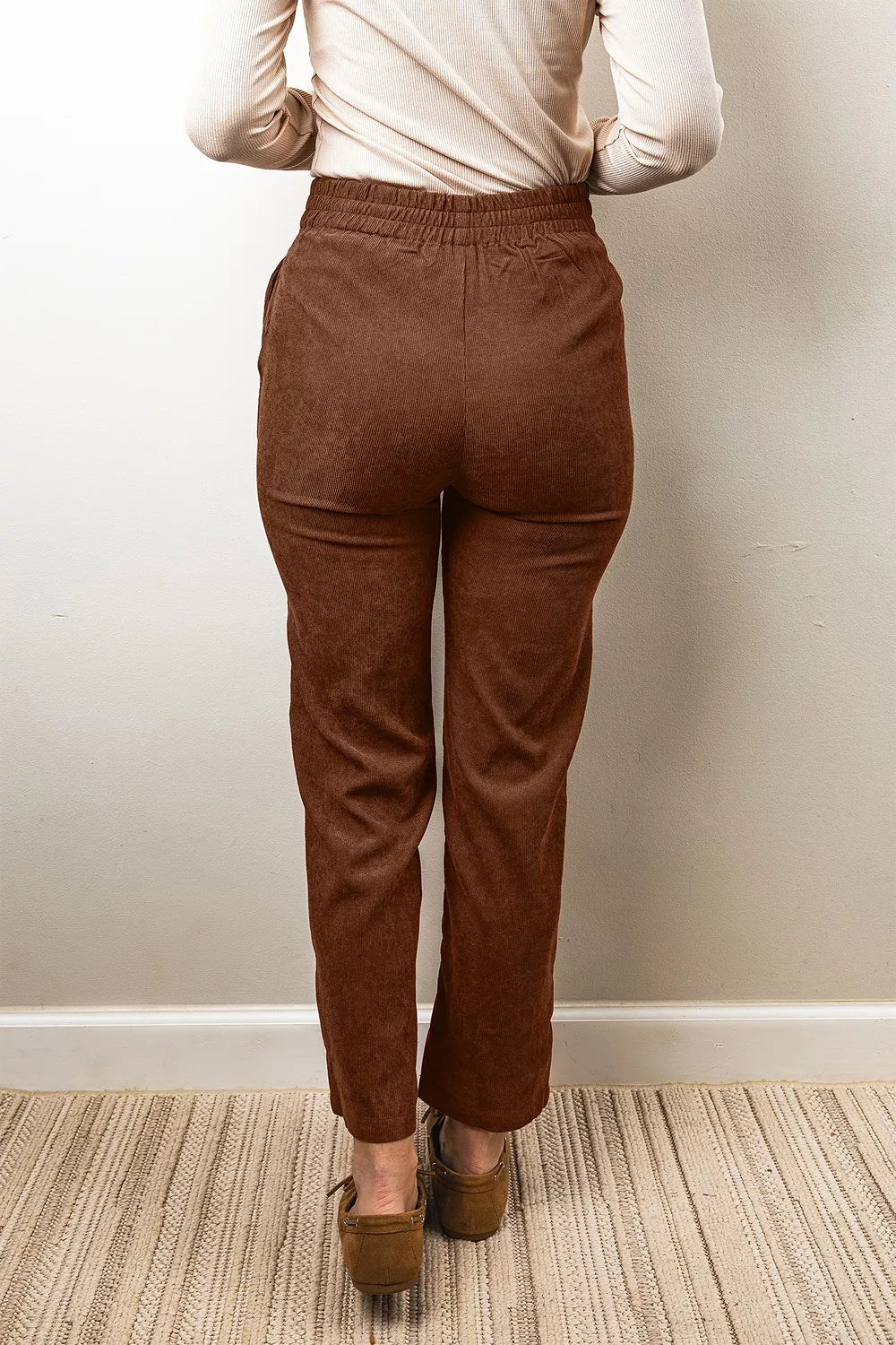 Elastic Waist Straight Leg Ankle Length Corduroy Pants