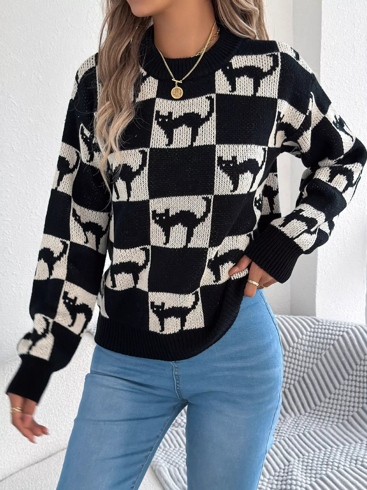 Checkerboard Halloween Graphic Sweater