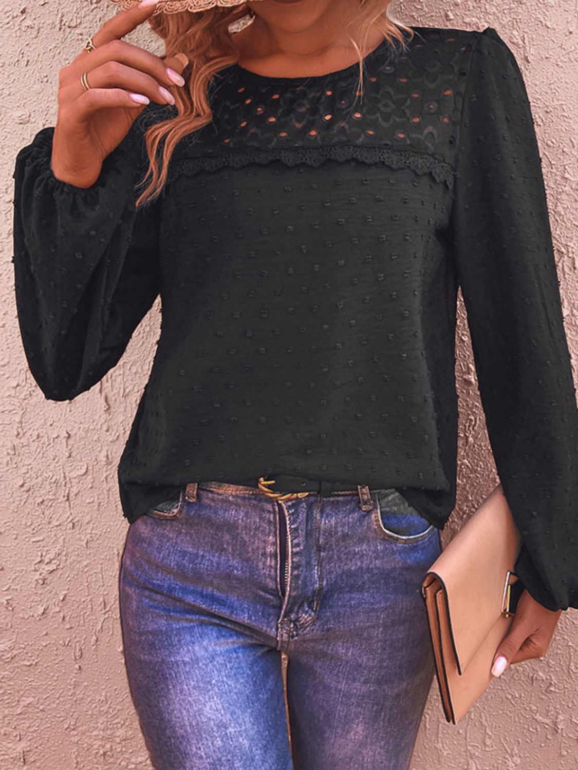 Perfee Swiss Dot Lace Trim Long Sleeve Blouse in Black, view 3