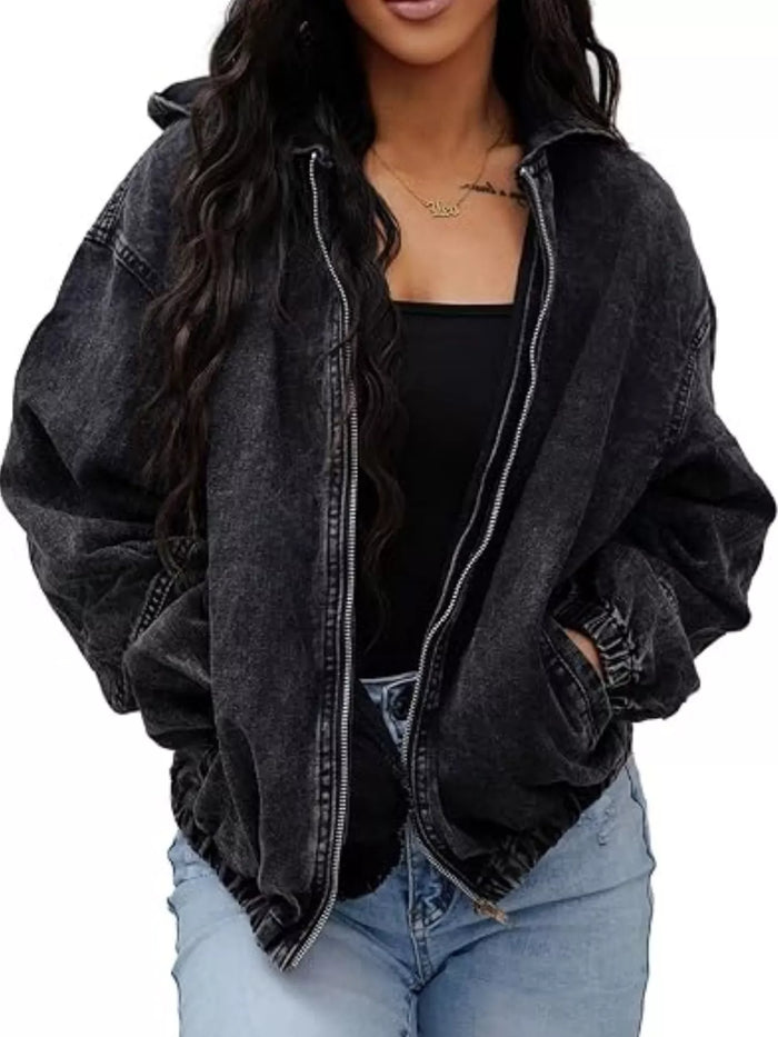 Vintage Washed Zip Up Hooded Denim Jacket in Black