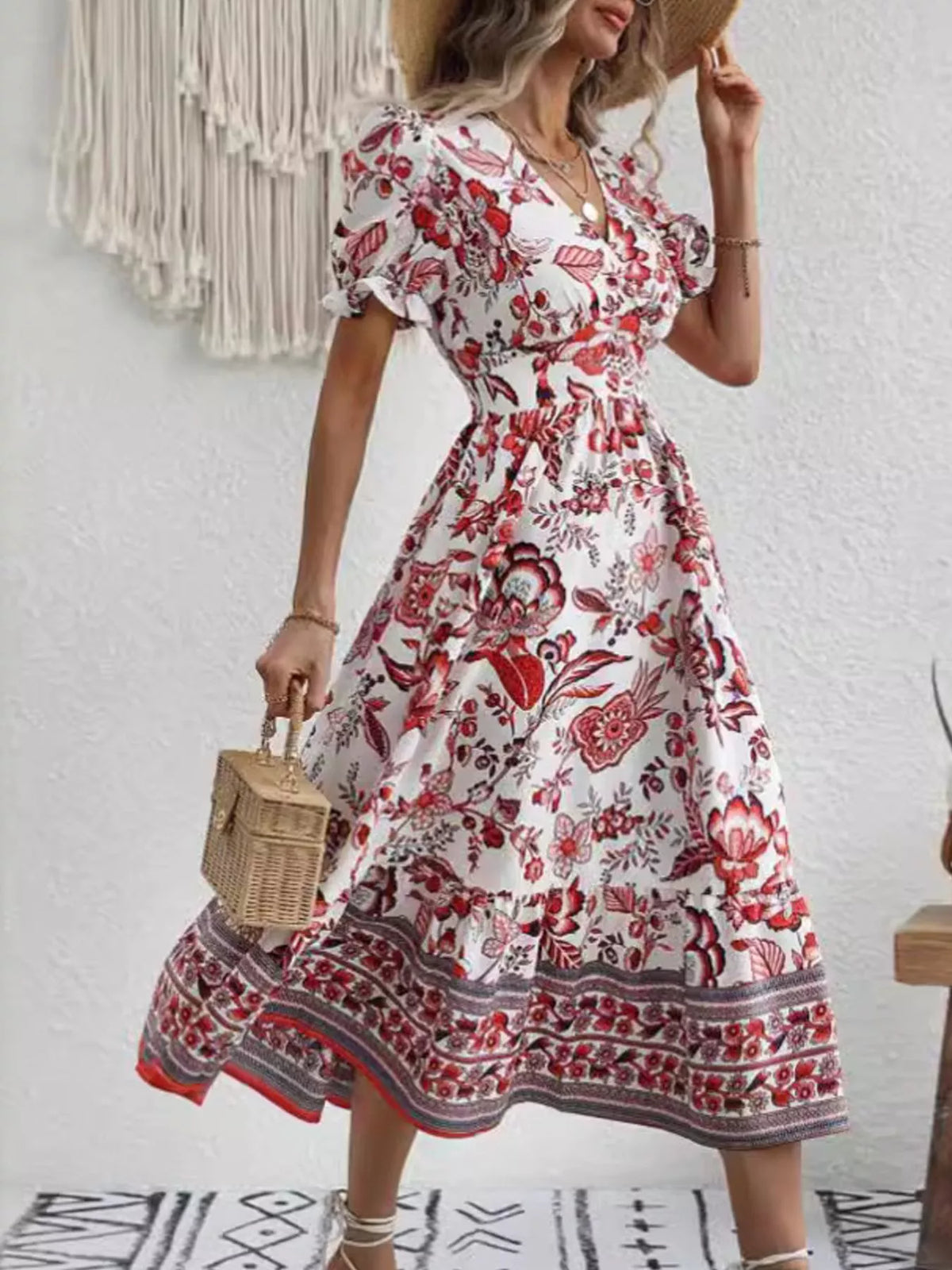 Floral Print Puff Sleeve Wrap Midi Dress