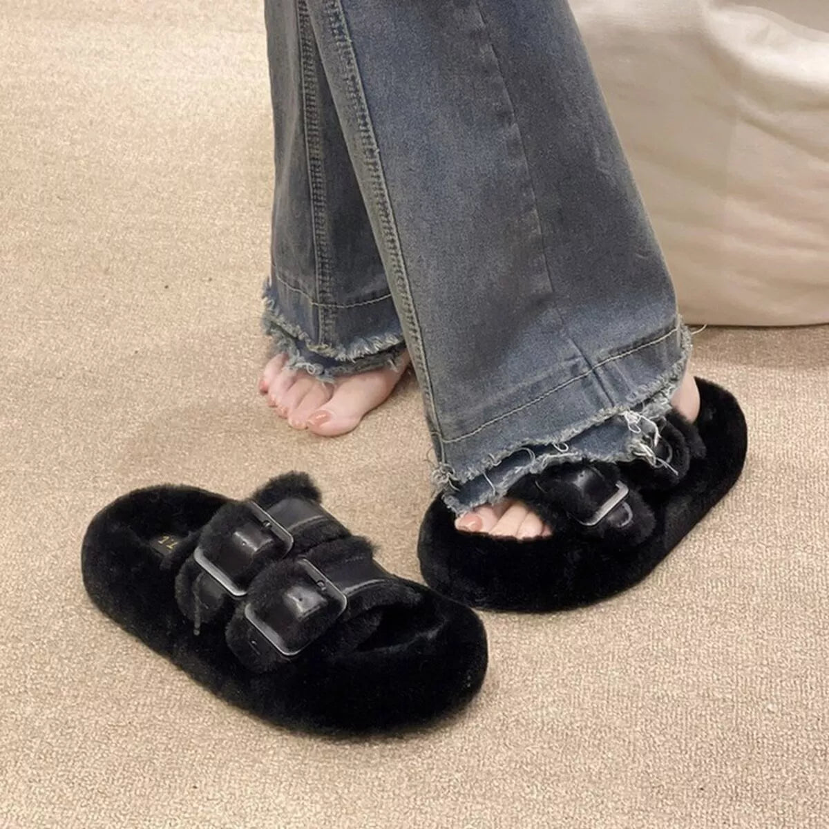 Fuzzy Buckle Detail Slippers - Lilixa.store