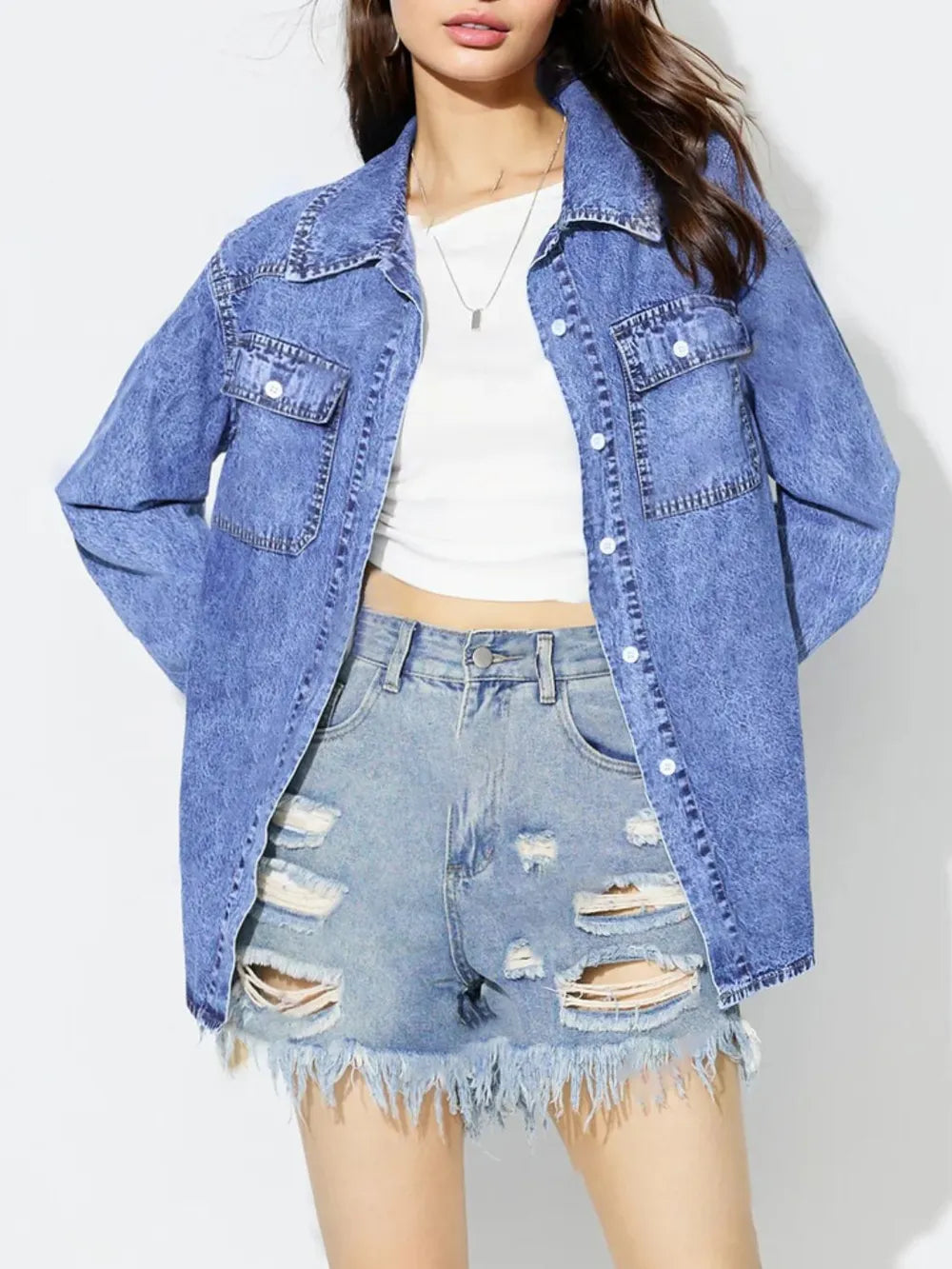 Curved Hem Collared Neck Denim Top - Lilixa.store