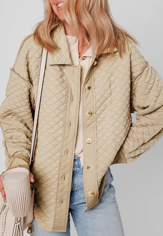 Exposed Seam Collared Neck Button Up Shacket in Beige