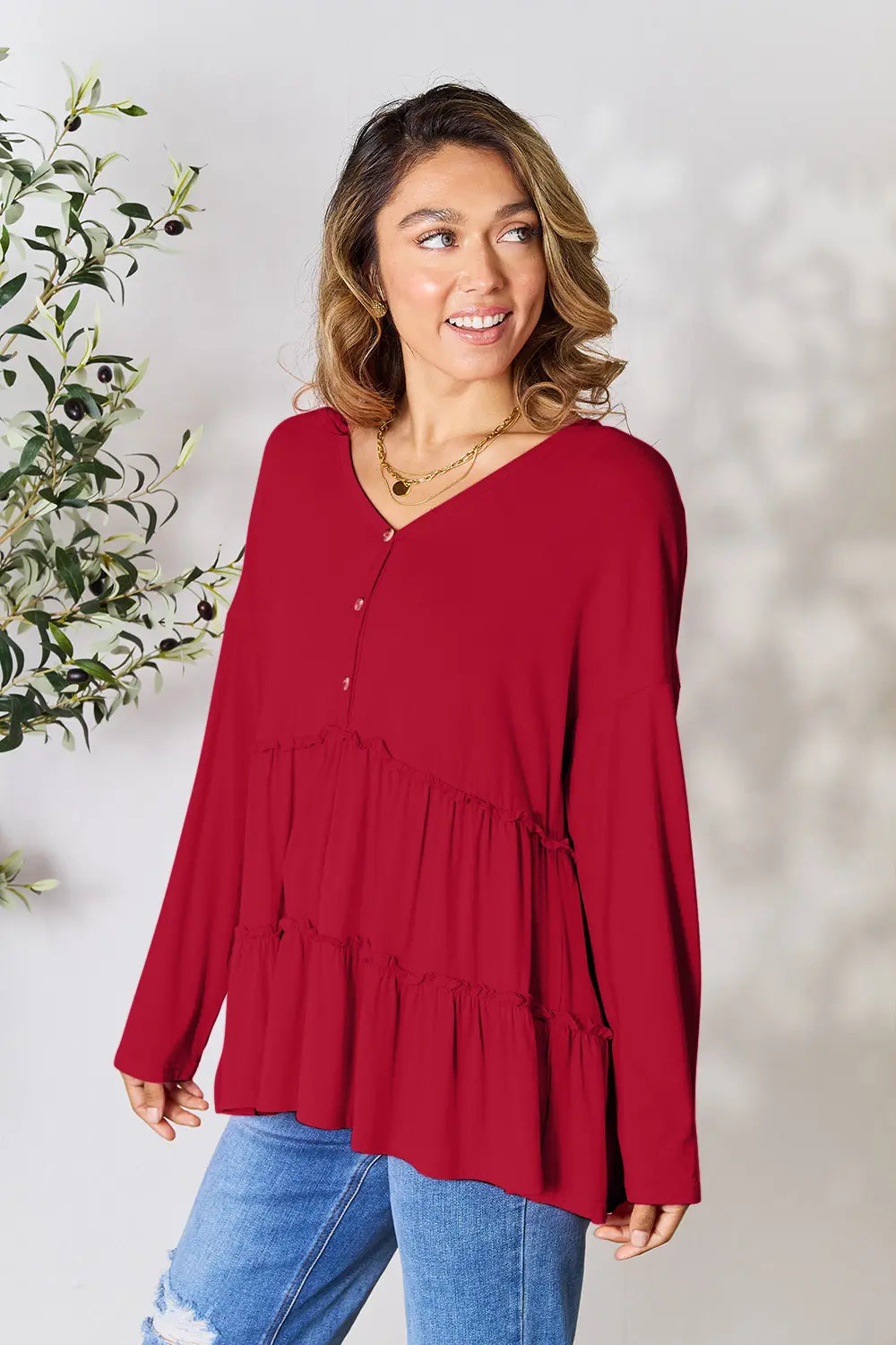 Double Take Half Button Long Sleeve Ruffle Hem Blouse - Lilixa.store