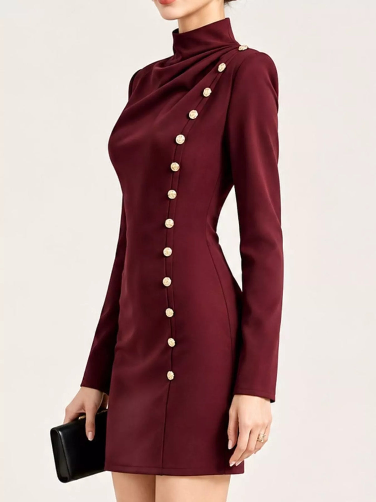 Full Size Decorative Button Mock Neck Mini Dress Plus Size, view 7