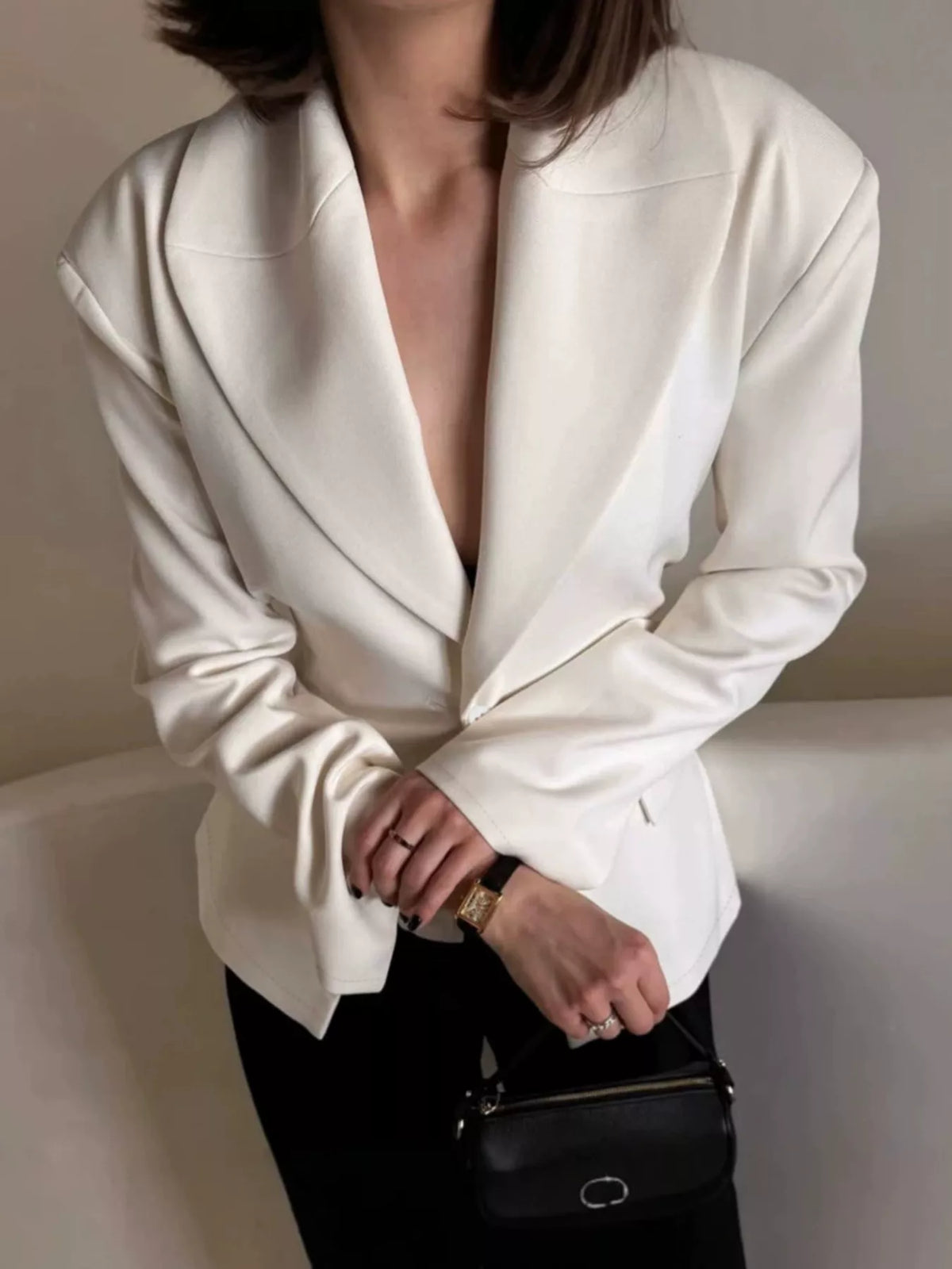 One Button Padded Shoulders Blazer - Lilixa.store