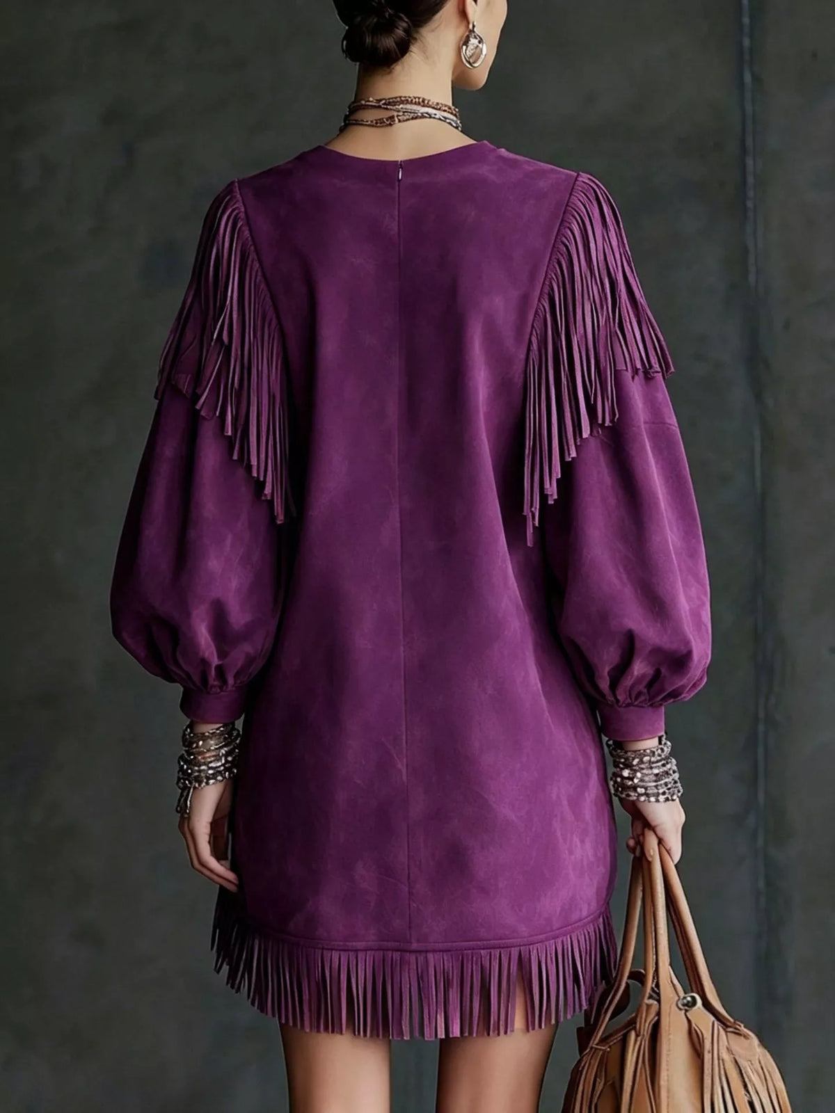 Fringe Detail Lantern Sleeve Mini Dress - Lilixa.store