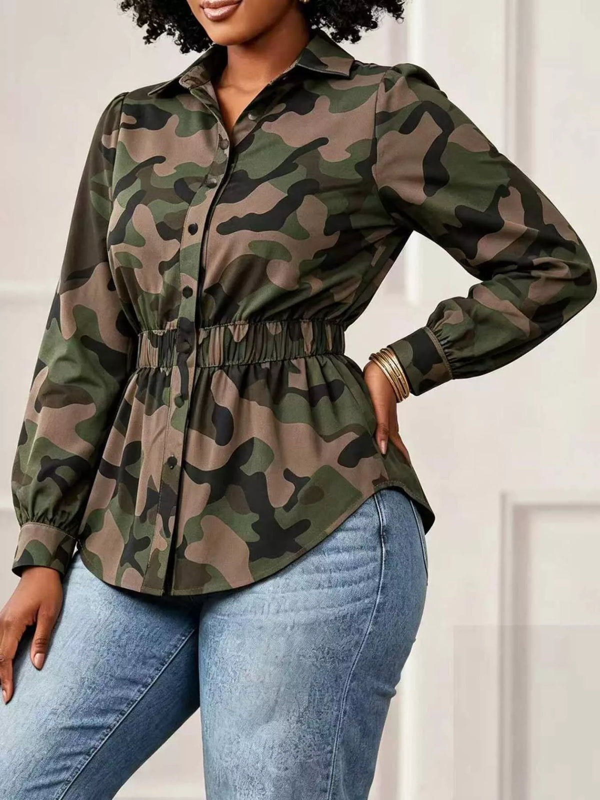 Camouflage Button Front Long Sleeve Blouse - Lilixa.store