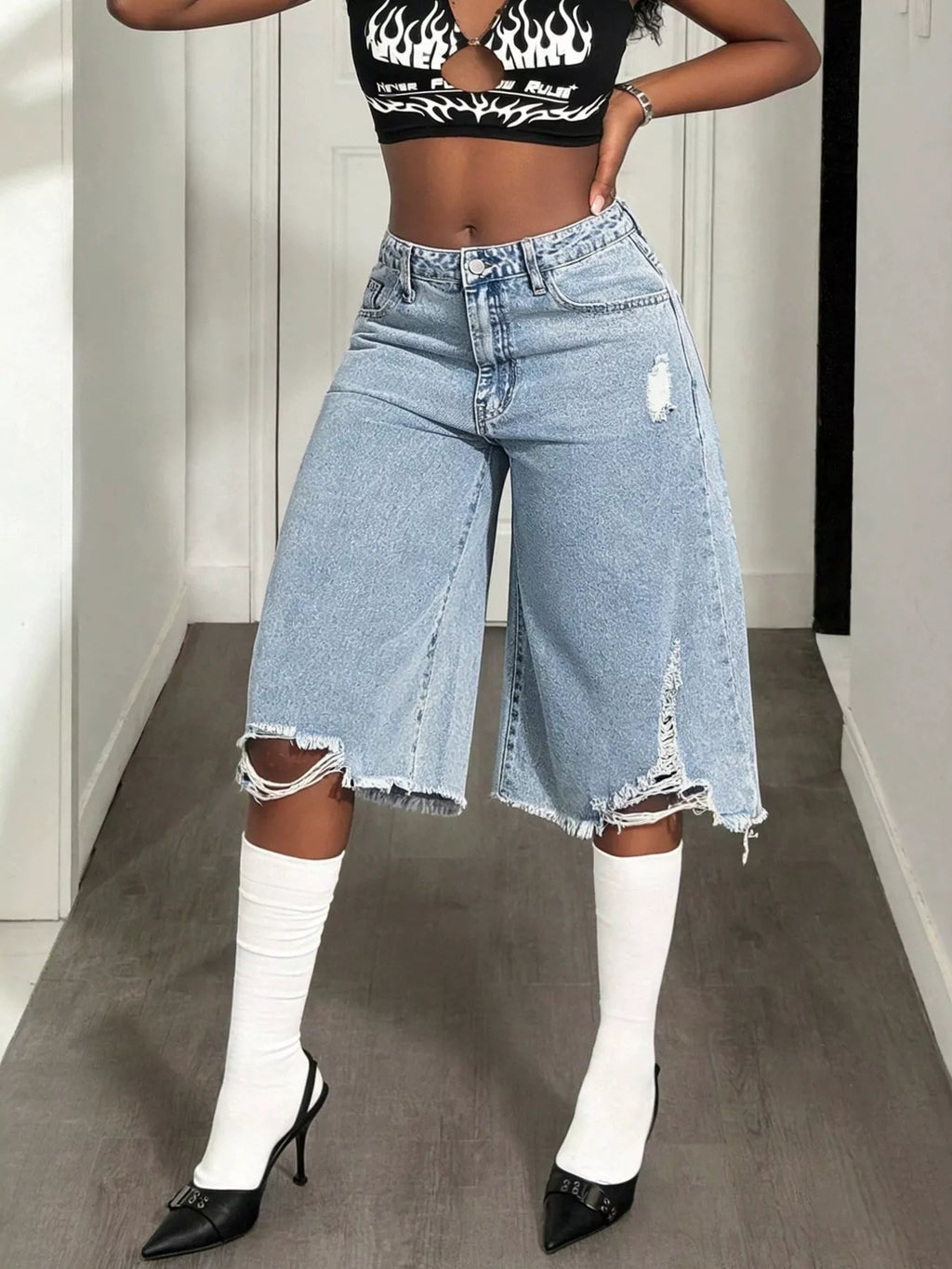 Distressed Wide-Leg Denim Shorts - Lilixa.store