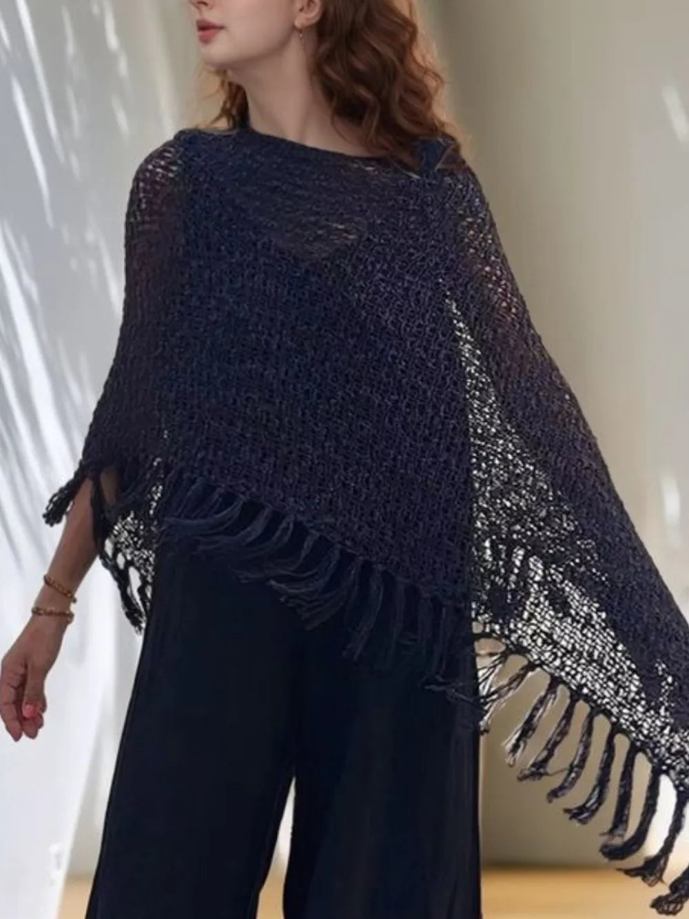 Tassel Boat Neck Knit Shawl - Lilixa.store