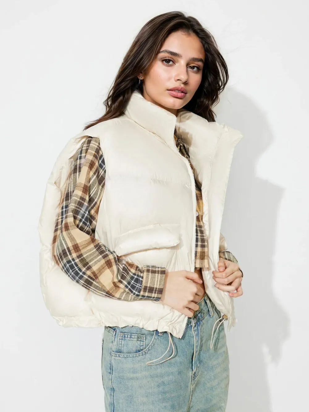 Zip Up Vest Coat with Pockets in Cream, view 5