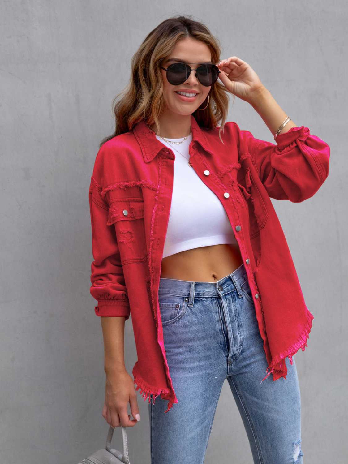 Distressed Drop Shoulder Denim Jacket - Lilixa.store
