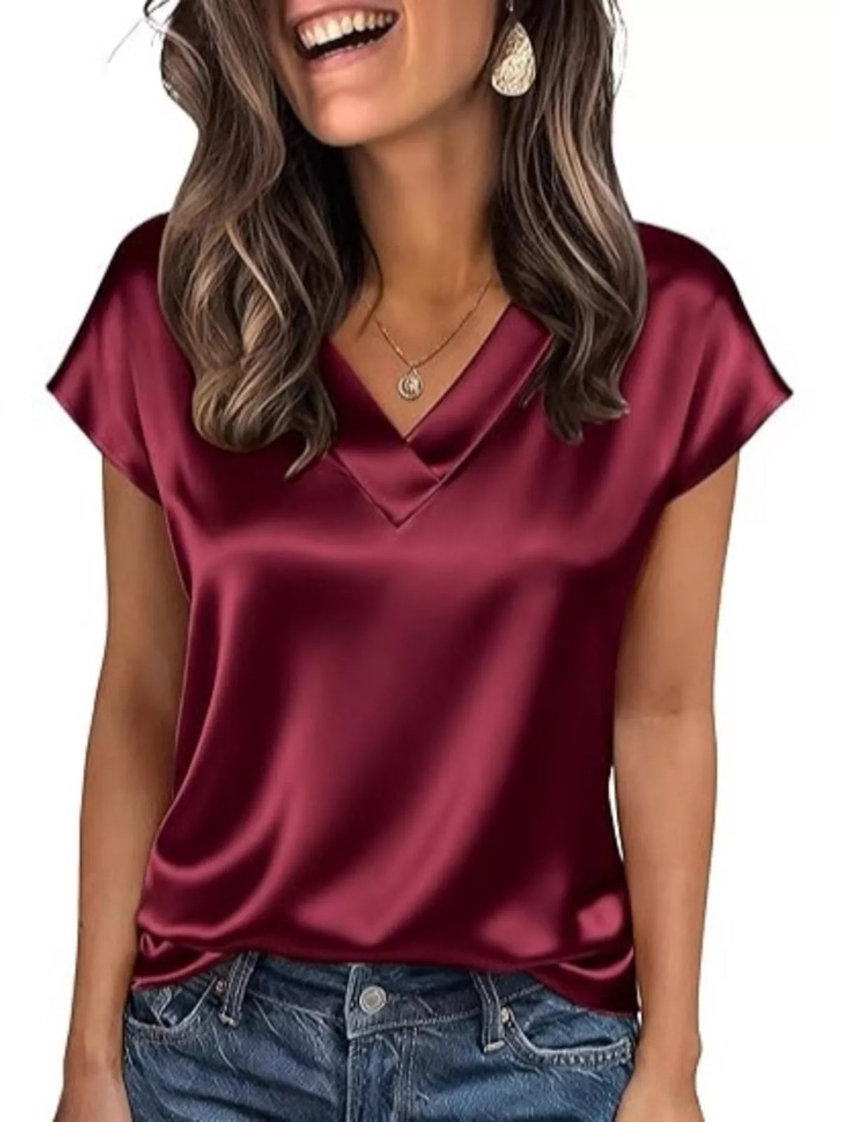 Satin V-Neck Short Sleeve Blouse - Lilixa.store