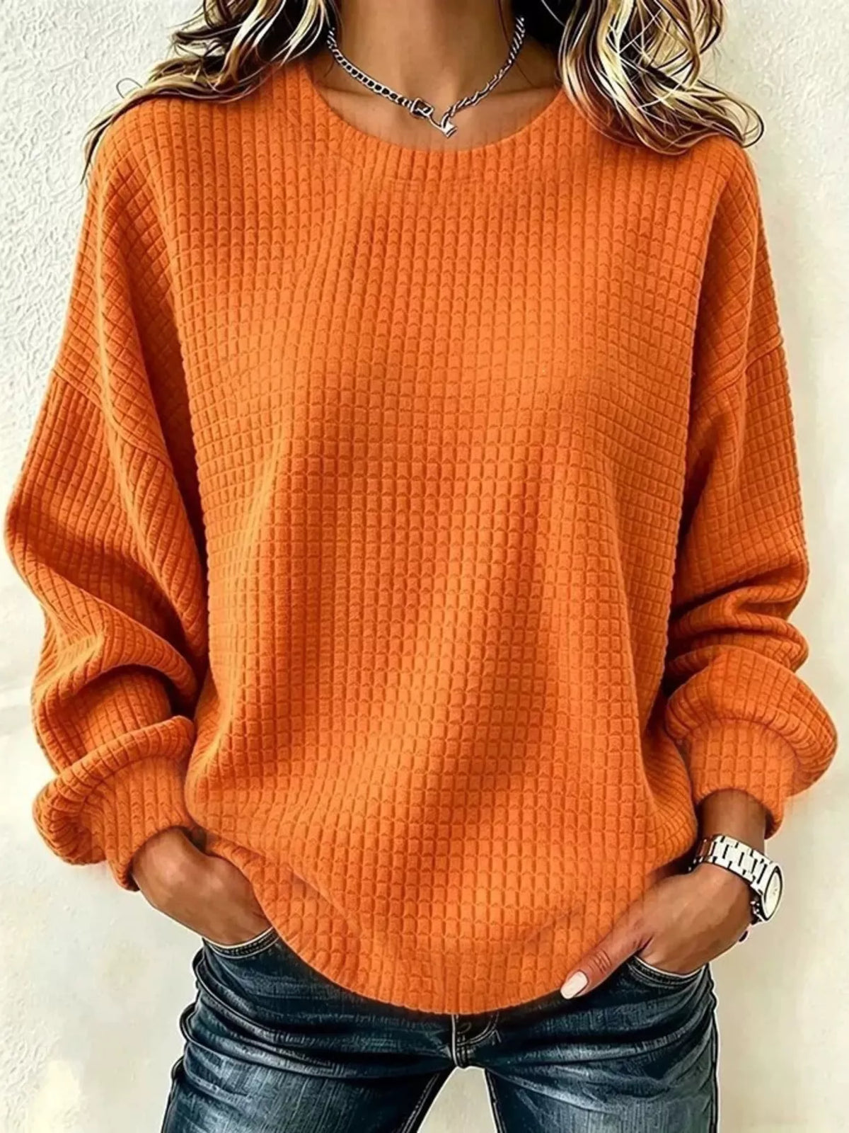 Full Size Waffle Knit Long Sleeve Crew Neck Sweatshirt Plus Size - Lilixa.store