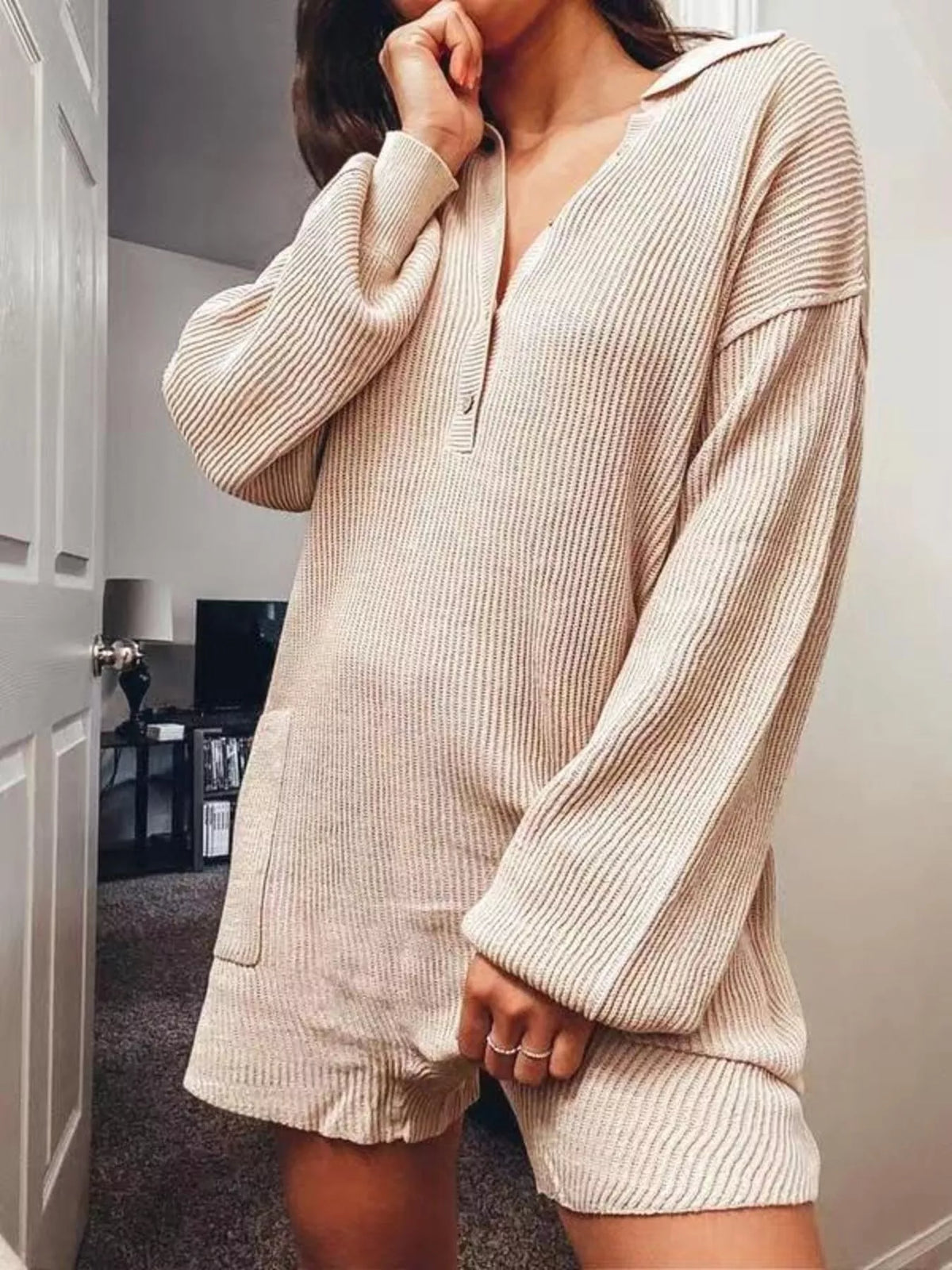 Ribbed Knit Long Sleeve Romper - Lilixa.store