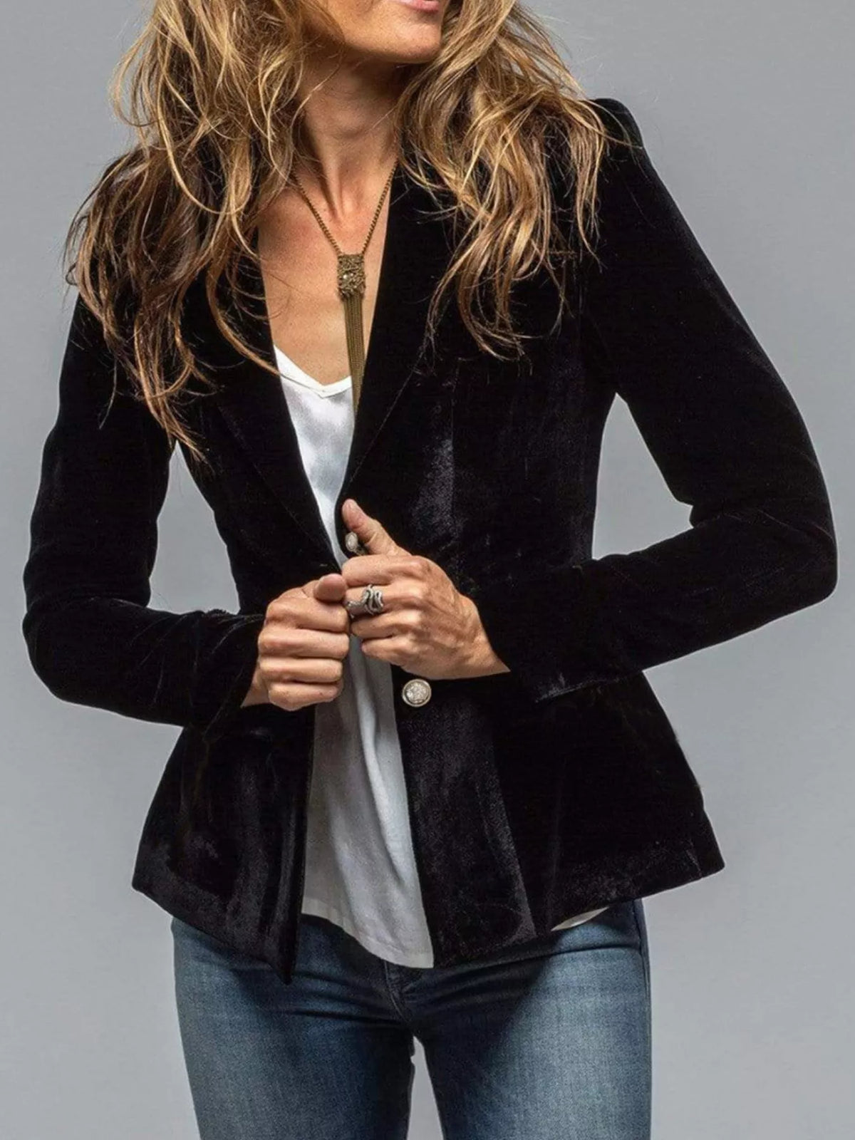 Velvet Lapel Collar Button Up Blazer - Lilixa.store