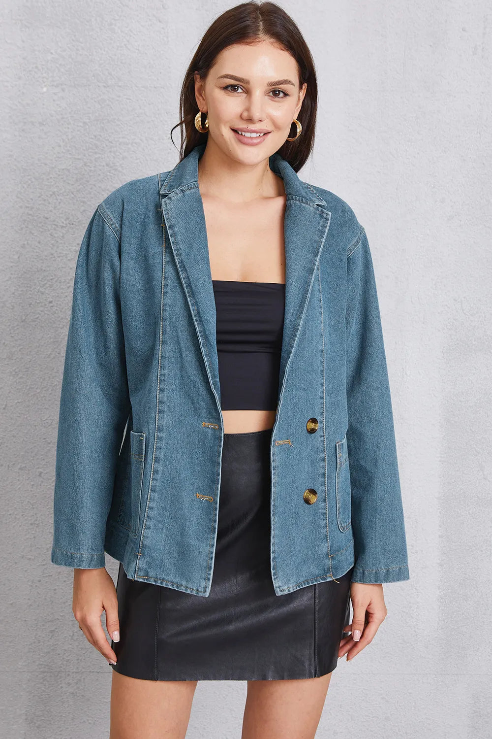 Pocketed Button Up Denim Jacket, view 5