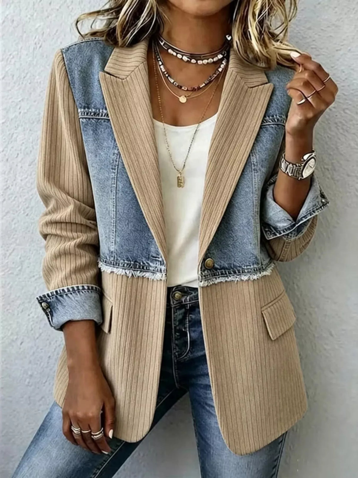 Full Size Patchwork Denim Ribbed Blazer Plus Size - Lilixa.store
