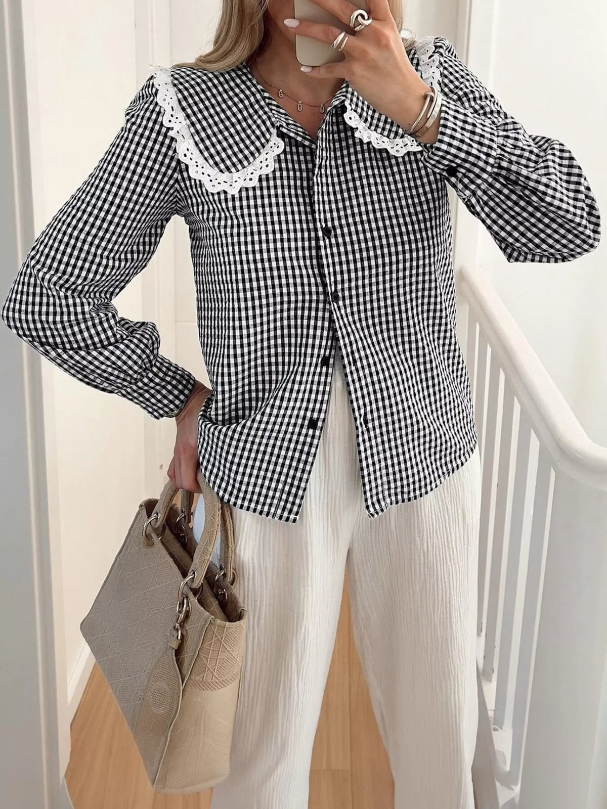 Lace Peter Pan Collar Button Up Shirt in Black