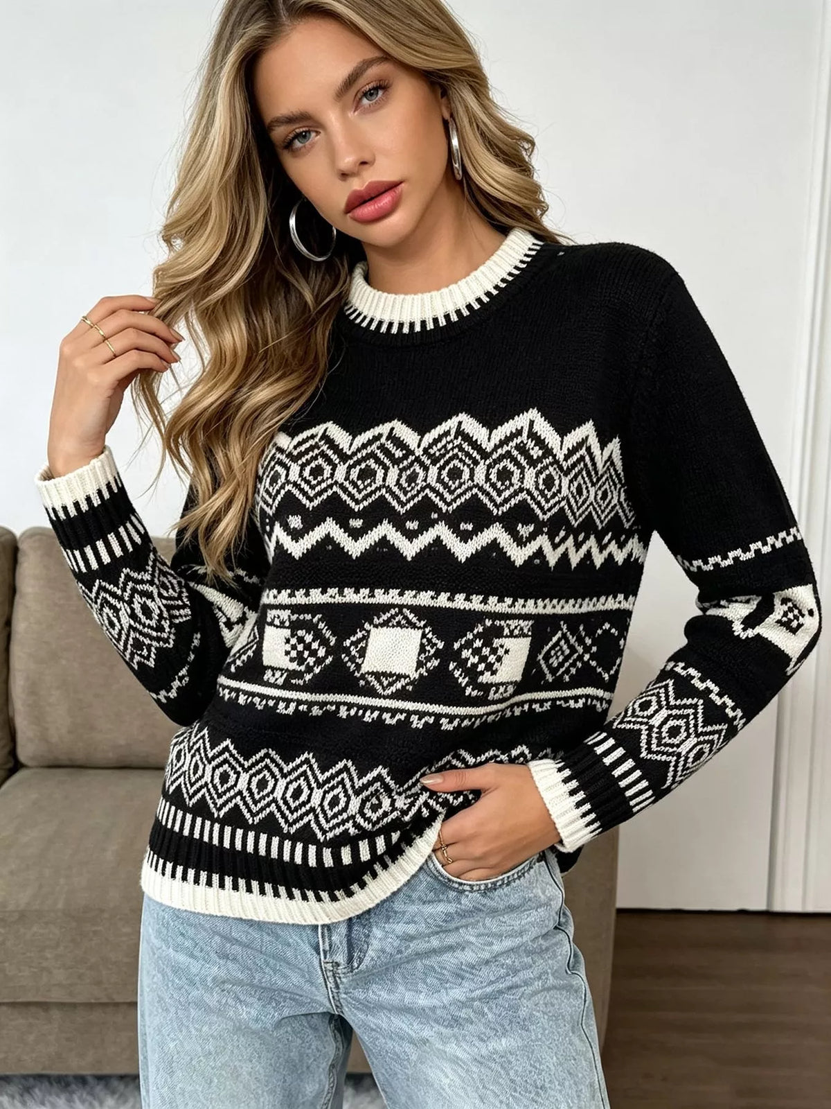 Christmas Festive Fair Isle Patterned Crew Neck Sweater, view 8