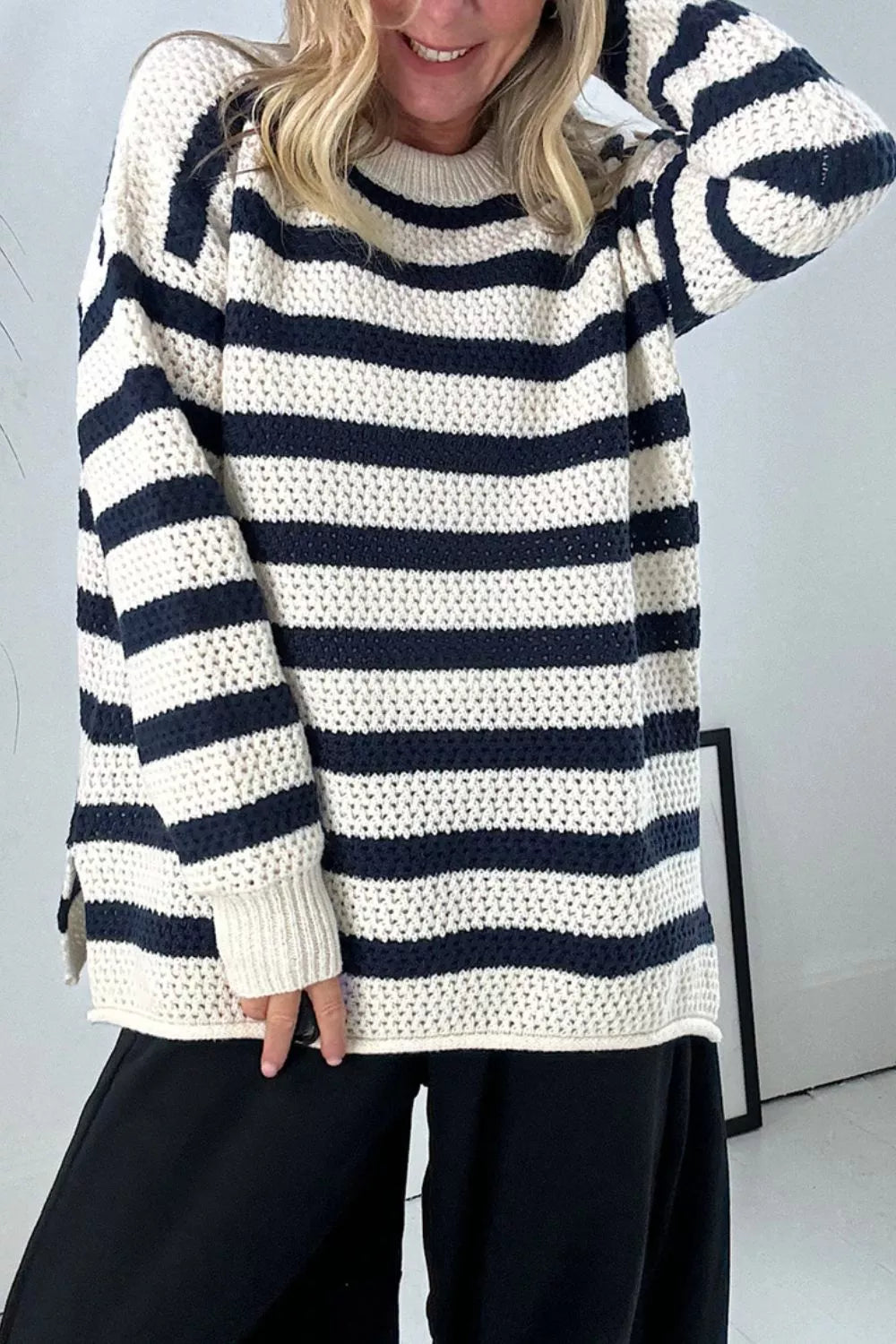 Striped Knit Dropped Shoulder Sweater - Lilixa.store